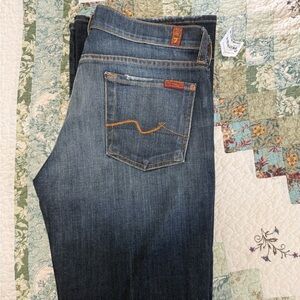 7 For All Mankind Women's Skinny Jeans in Medium Blue with Orange Stitching